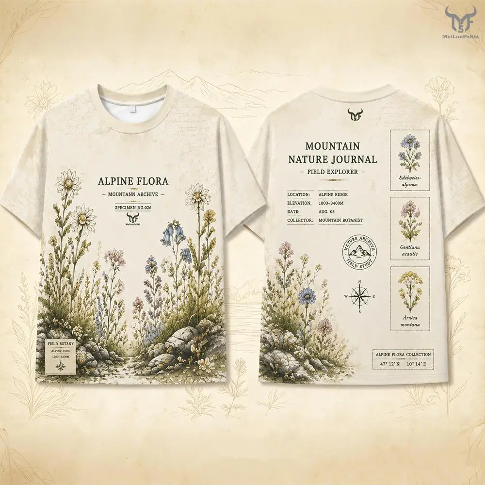 Vintage Alpine Flora Graphic T-shirt Boho Outdoor Botany Short Sleeve Top Men's And Women's Fashion Casual Summer O-neck Tee