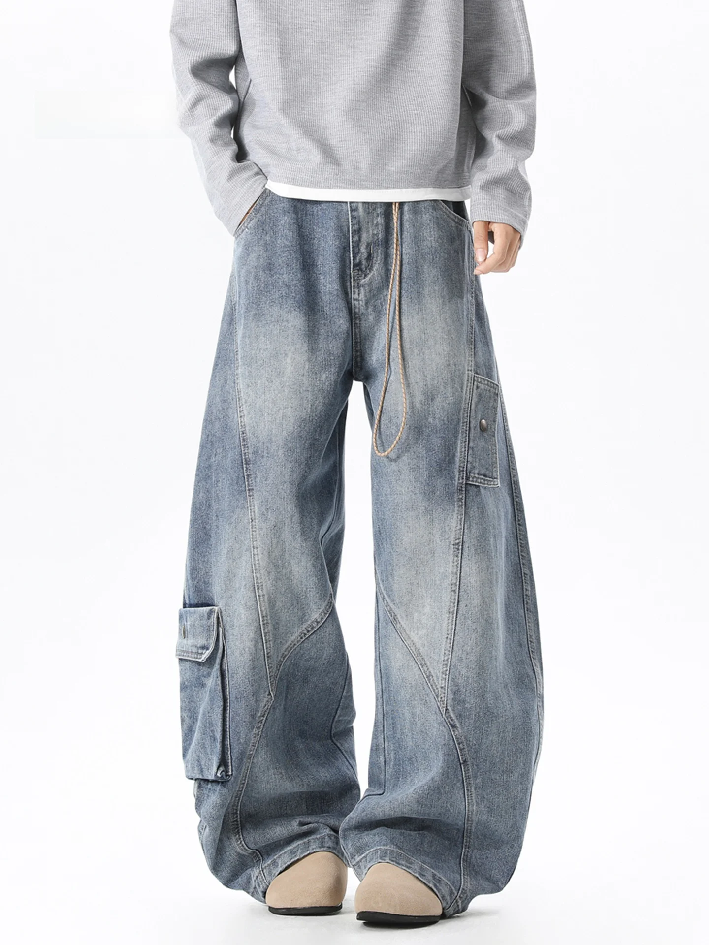 

American High Street Multi-ket Workwear Jeans Men's Autumn Winter Oversize Cool Trendy Loose Wide Leg Knife Pants