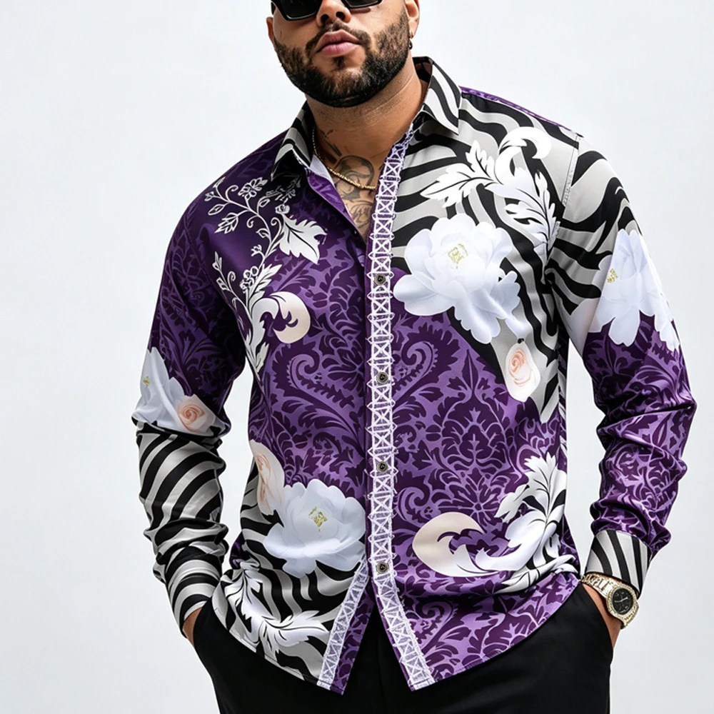 2026 Summer Mature Men's Casual Business Shirt Long Sleeve Lapel Light Luxury Natural Printed Shirt Holiday Party Men's Top Gift