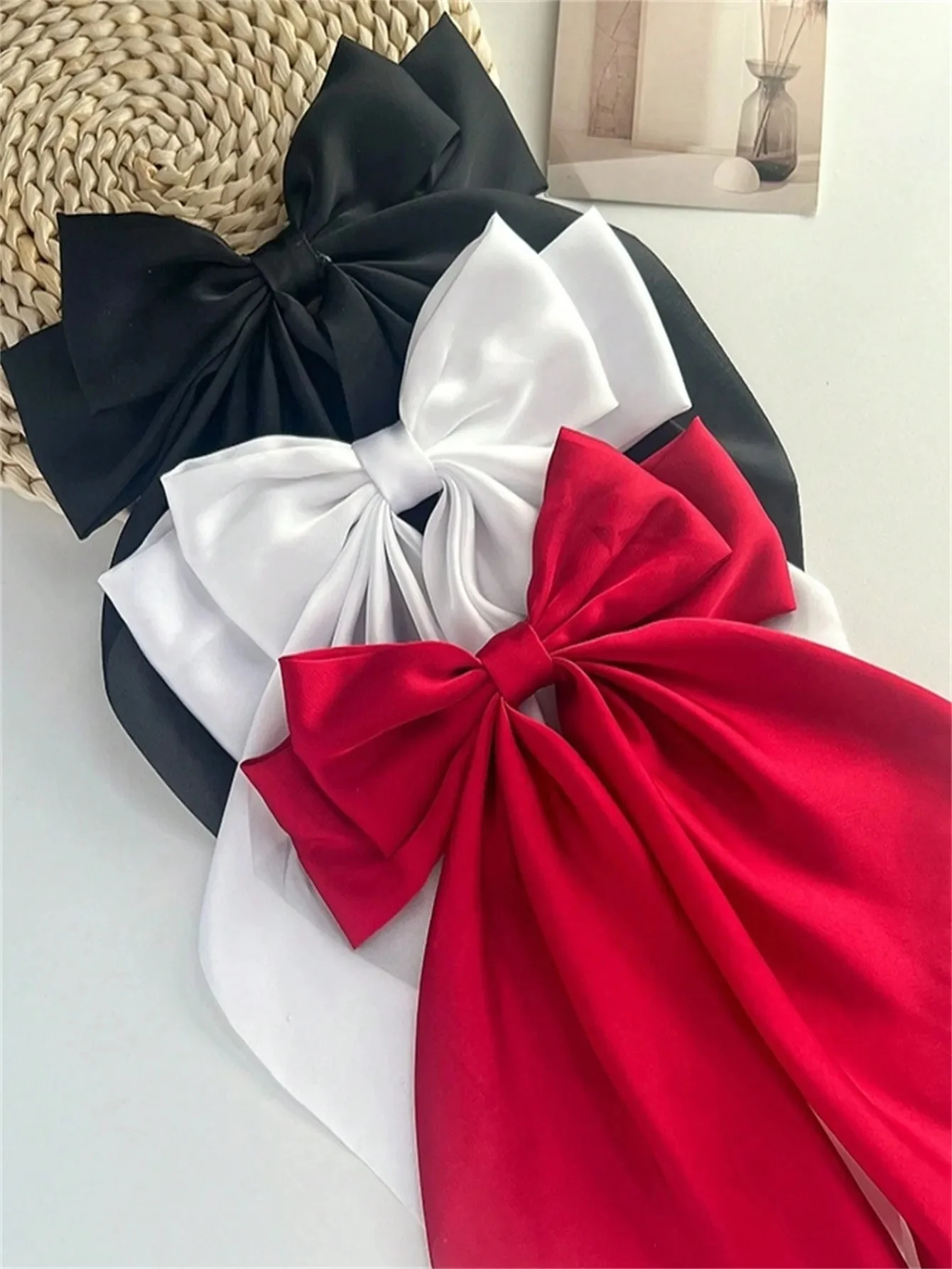 1pcs Wome Solid Color Satin Ribbon long Big Bows Hairpin  Internet red Spring Clips Hair Accessories for Girls Trendy  Summer He