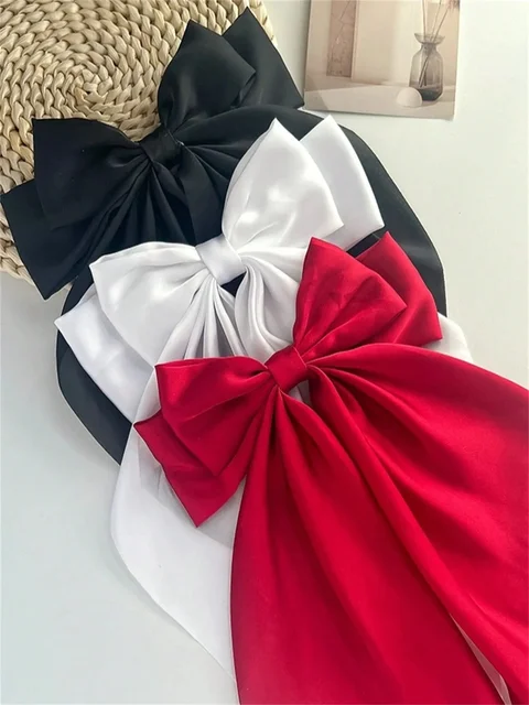 1szt Wome Solid Color Satin Ribbon long Big Bows Hairpin Internet red Spring Clips Akcesoria do włosów dla dziewczynek Trendy Summer He