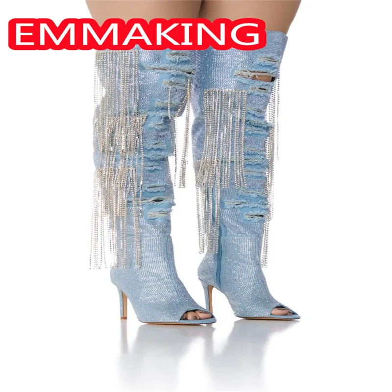 Demin azul peep toe diamantes senhoras inverno botas longas 2024 mulheres borlas de cristal zíper lateral blingbling moda botas sapatos