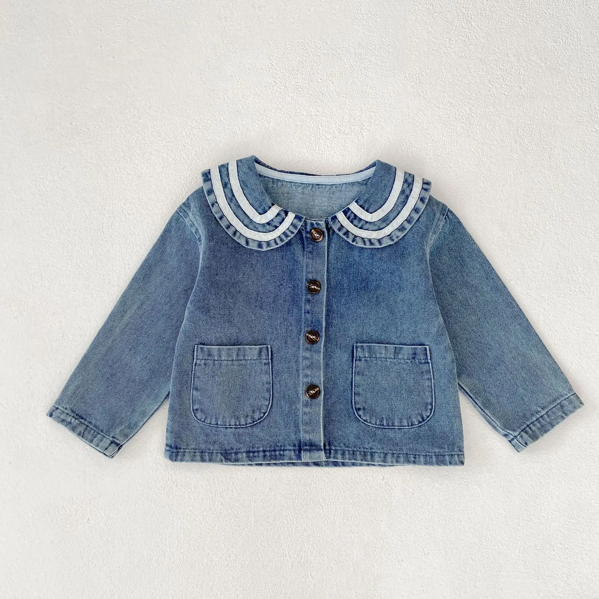 

2025 Autumn New Children Long Sleeve Casual Denim Jacket Girls Sailor Collar Coat Baby Boys Denim Tops Fashion Kids Clothes