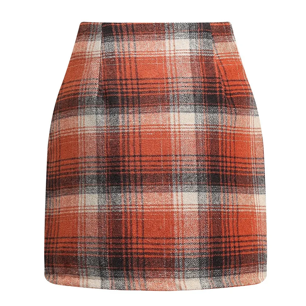 Women Wool Plaid Skirt Autumn Winter Elegant Pencil Mini Skirts Streetwear High Waist Lady Daliy  Bodycon Short Skirt