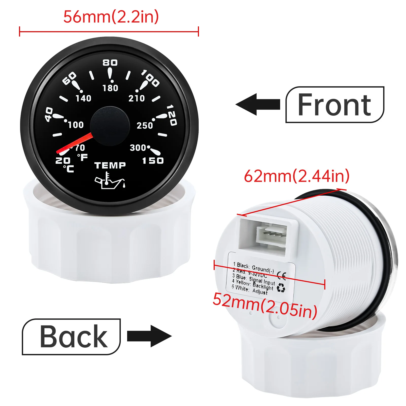 52mm Oil Temp Meters 20-150°C /70-300°F Oil Temperature Gauge 7-color Backlight Auto Car Gauge Waterproof for Boat Marine Car