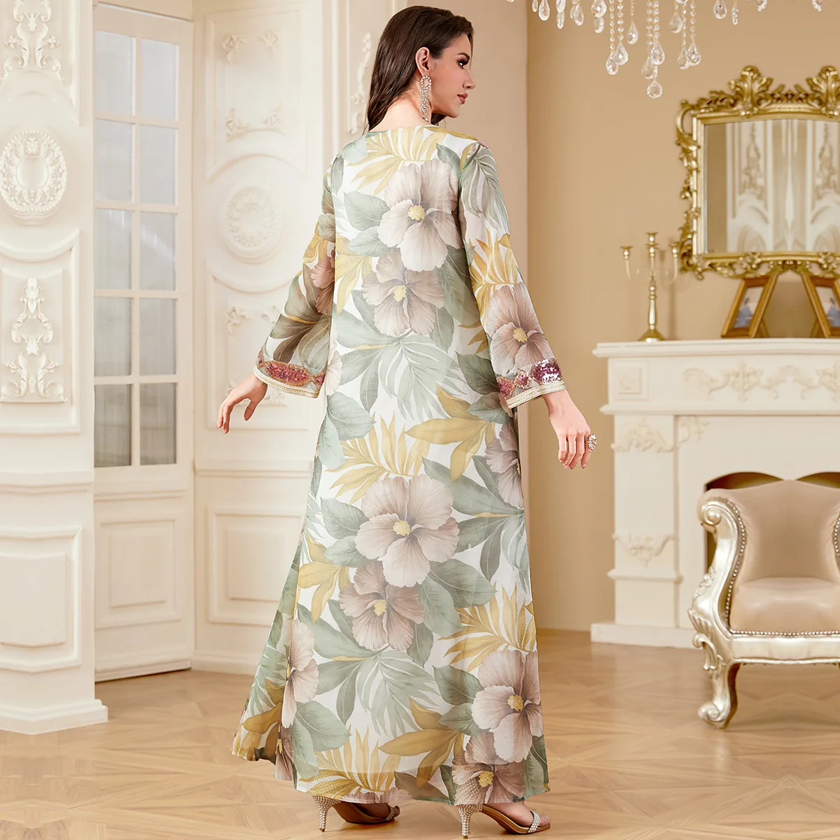 

Eid Djellaba Women Long Sleeve Robe Floral Printed Dresses Vestidos Sequins Abaya Muslim Dubai Sundress Kaftan Musulmane Islamic