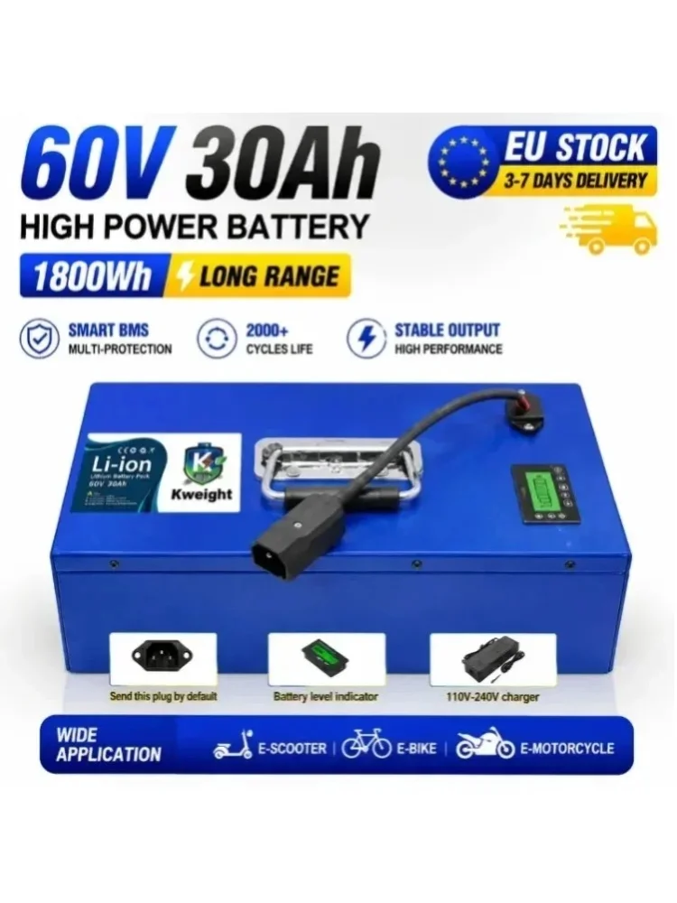 Kafety Lithium-Batteriepack 48V/60V 30Ah 18650 Wiederaufladbar, Hohe Leistung und Große Kapazität, Integriertes BMS für 250-2000W Motor, Elektrofahrrad Roller Dreirad, Schneller Versand aus Polen EU