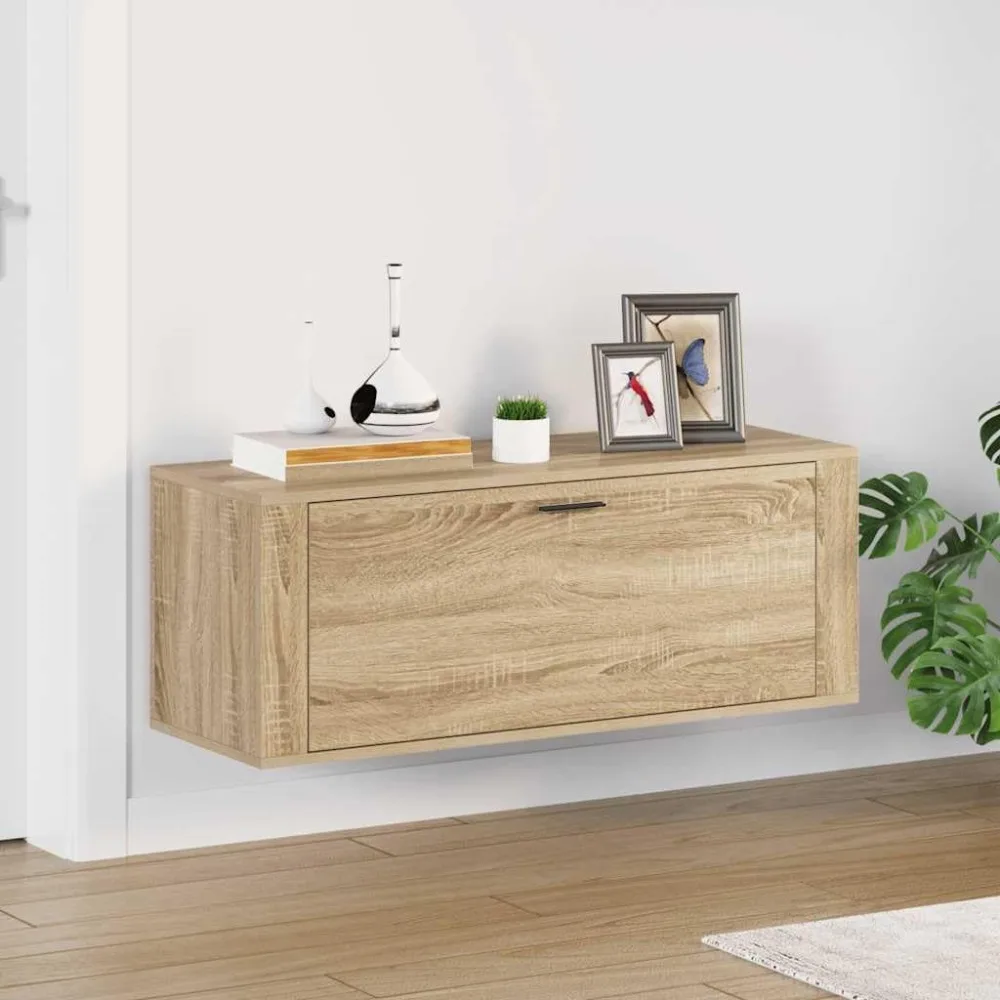Sleek Sonoma Oak Wall Shoe Cabinet for Compact Entryway Storage, Featuring Two Separate Compartments
