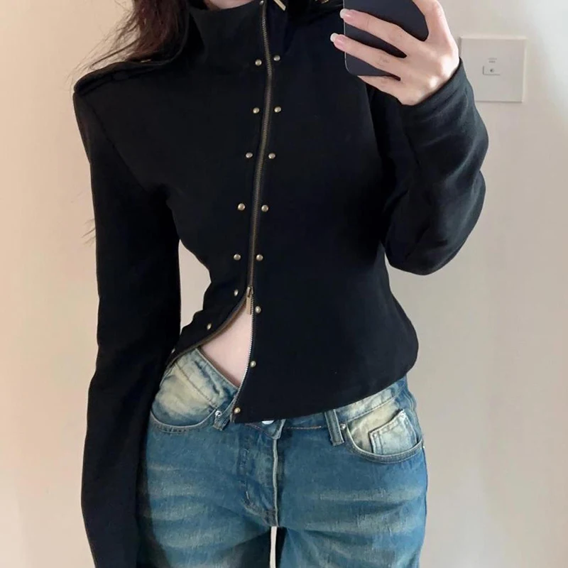 

American design sense semi-high collar oblique double zipper coat women's autumn and winter short cardigan long sleeve coat