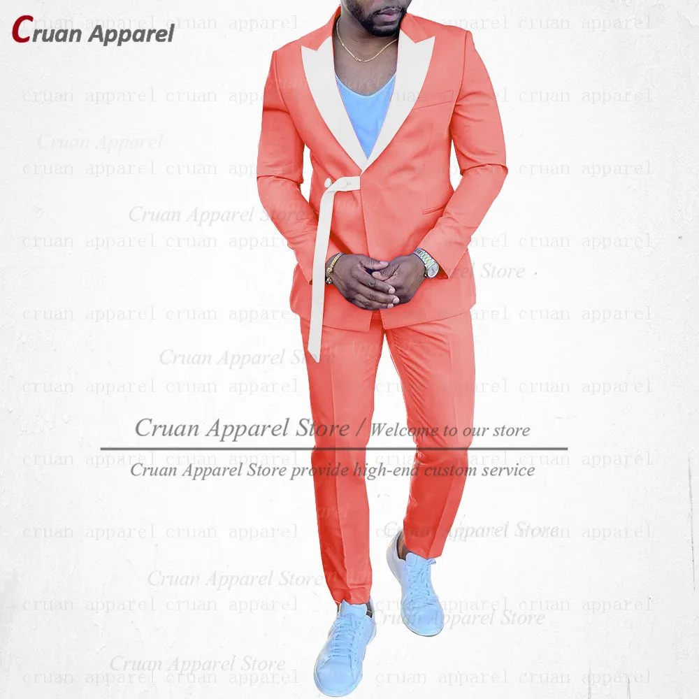 20 Colors New Designs Coral Red Suit Men Slim Yellow Groomsman Groom Tuxedo Young Men Stylish Outfit Jacket with Belt Pants 2Pcs