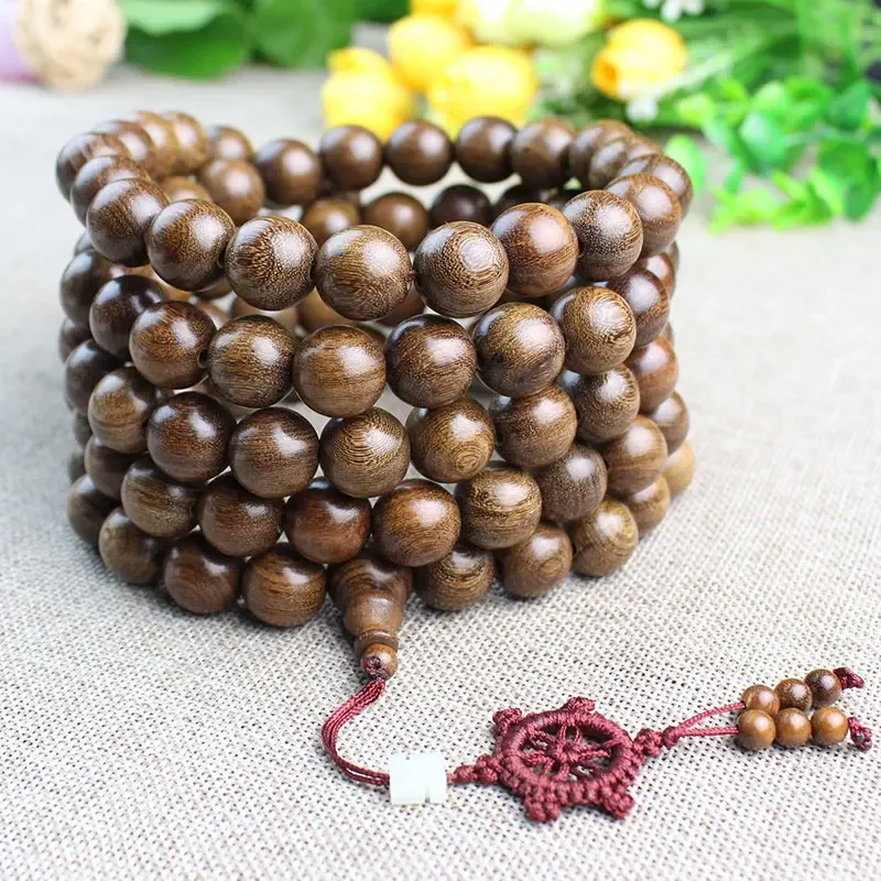 Golden Silk Sandalwood Solid Wood Wenwan Men and Women Hand-Held Beads Buddhism 108 Prayer Beads Mala Necklace