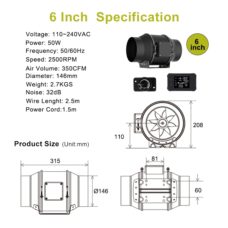Inline Duct Fan 6 Inch EC Motor High Airflow 350 CFM Exhaust Fan For Exhausting Odors, Mold and Supply Fresh Air Extractor Fan