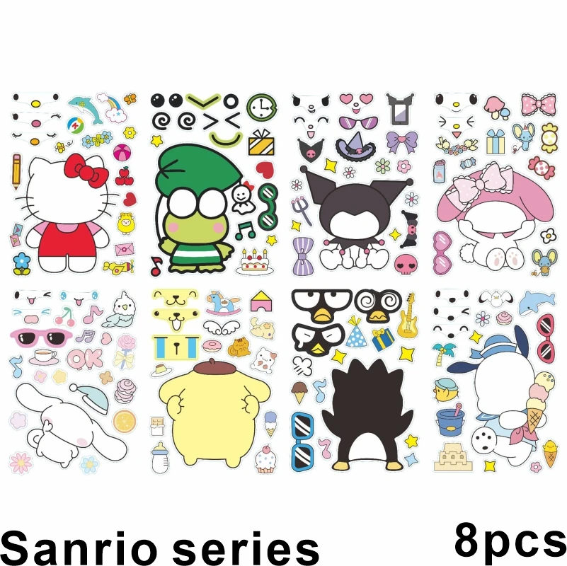 6-8pcs Hello Kitty Cinnamonroll Stickers Kids Creative Cartoon Anime Parent-child Interactive Decoration Face Change DIY Sticker