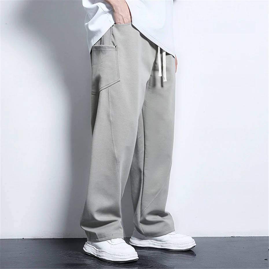 Solid Color Straight Pants Men 7XL Plus Size Pants Male Baggy Pants Elastic Waist Trousers Black