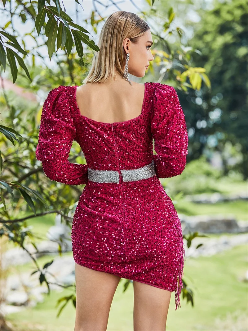 Sequins Puff Sleeve Women Prom Dress Deep-V Neck With Zipper Party Gown Elegant Backless Long Sleeve Short Skirt Newest In Stock