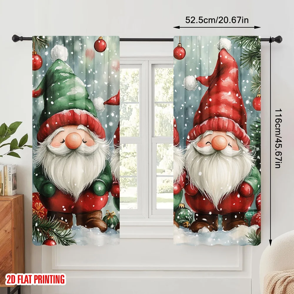 2pcs,2D plane printing Window Curtain Cute Gnomes Christmas Snow (2) Versatile Polyester Fabric (without rod) All Seasons Ldeal