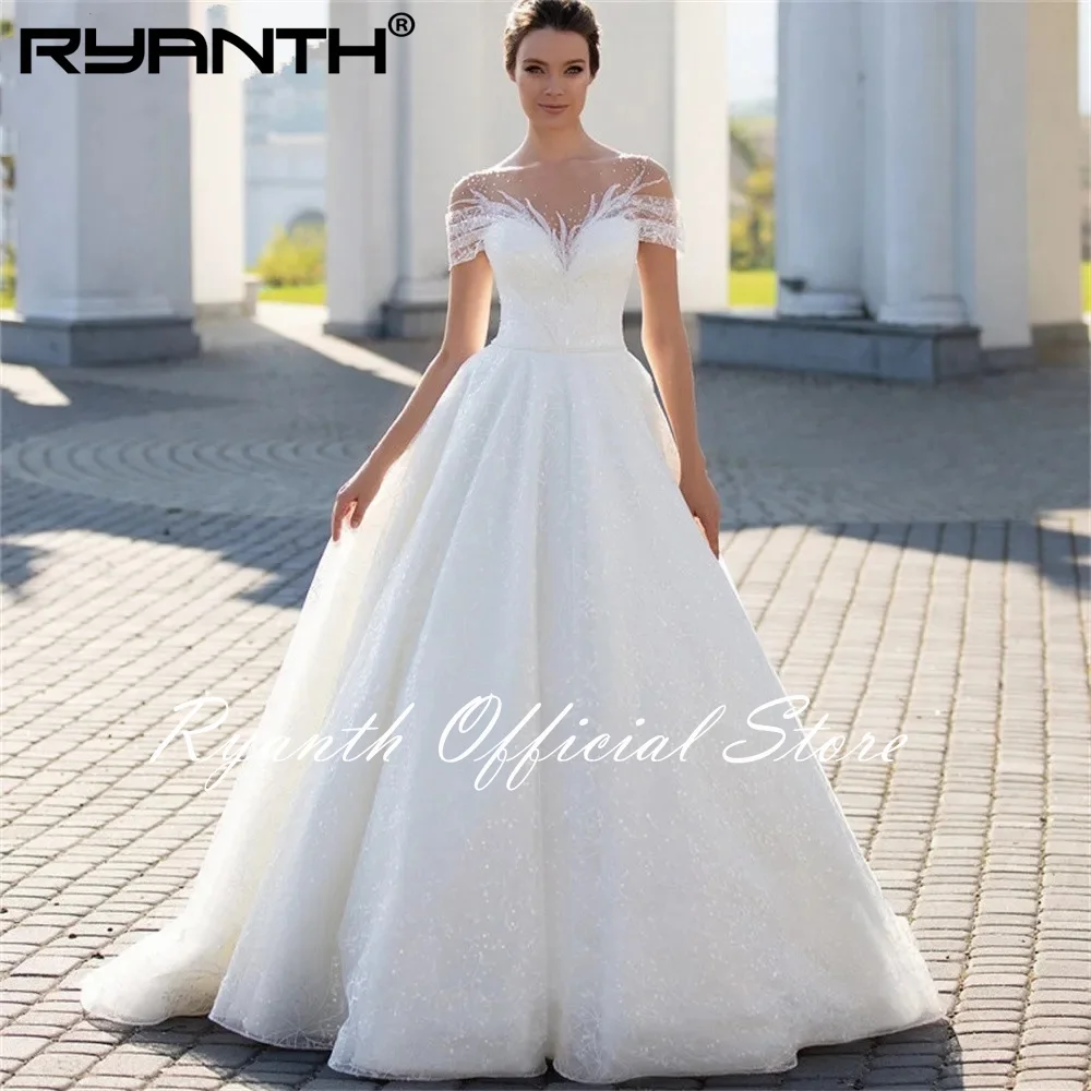 Ryanth abito da sposa lucido con spalle scoperte per la sposa 2024 moda Glitter pizzo a-line abito da sposa Illusion pieghe Robe De Marié