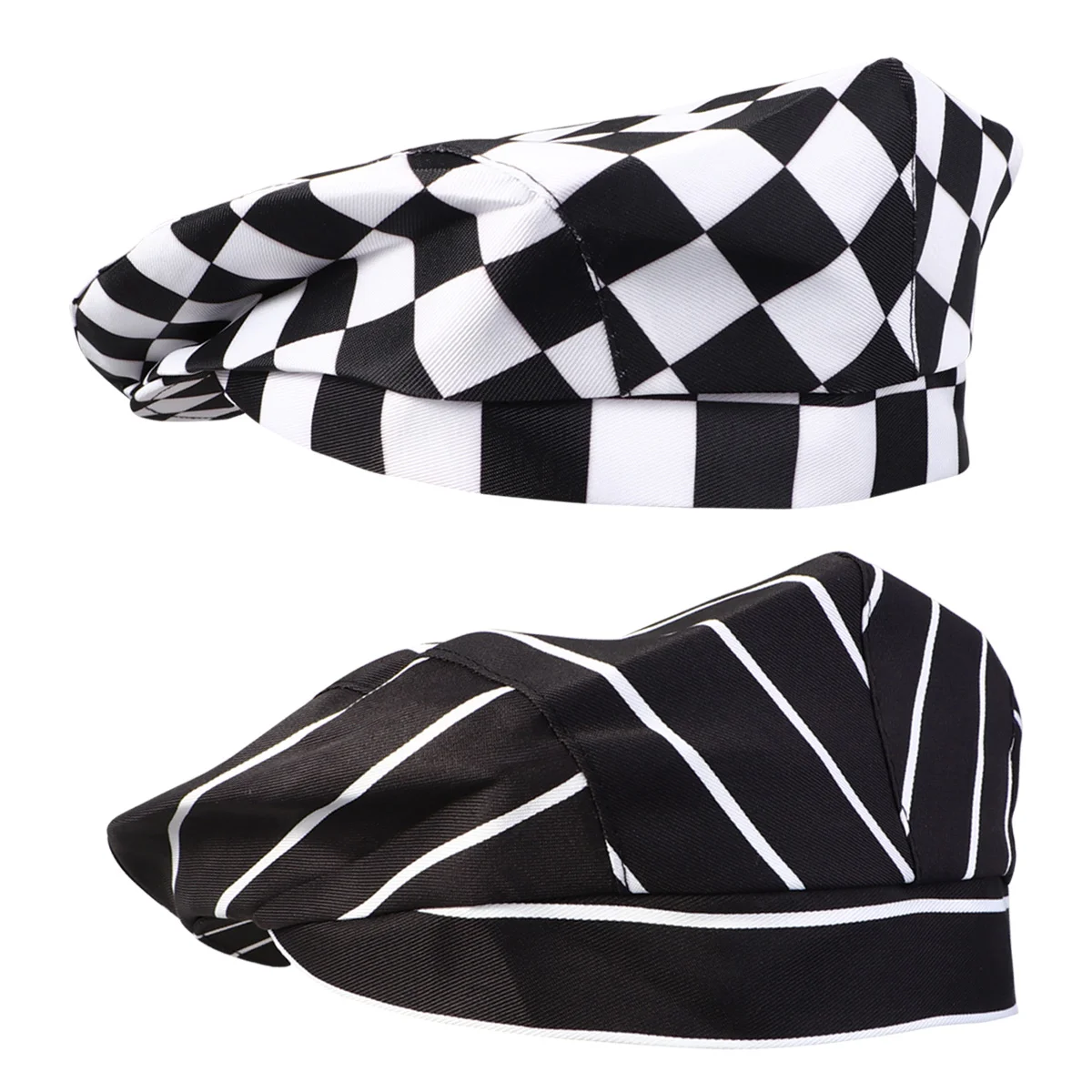 2pcs Restaurant Waiter Beret Kitchen Working Creative Chef Hat Comfortable Cooking (Black White Stripe, Black White Grid)