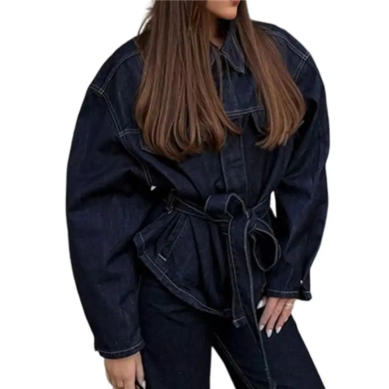 PORK-여성용 청자켓 가을옷 패션 버튼다운 데님 자켓 벨트 포함