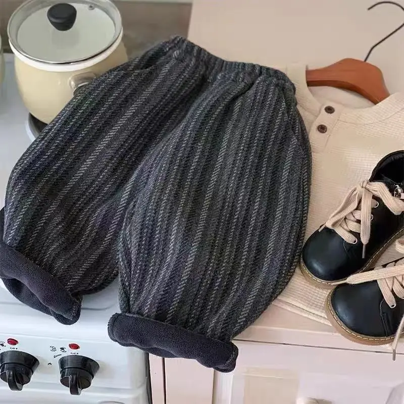 

UNITIM Toddler Boys Woolen Pant Vertical Stripes Plush Kids Boys Warm Harem Pant Retro New Winter Thicken Infant Boys Loose Pant