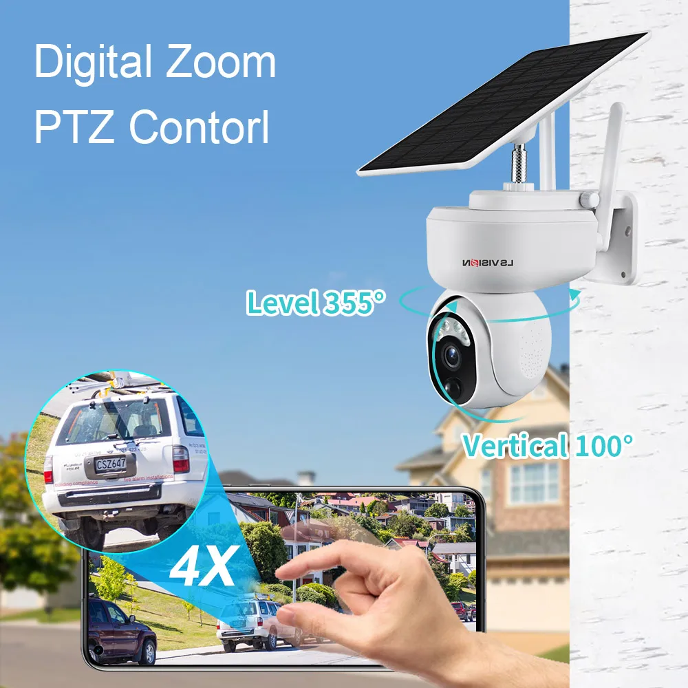 LSVISION 4MP Solar Camera Security Surveillance WiFi Camera 4G SIM Card Outdoor 360° PTZ Night Vision Motion Detection Cam