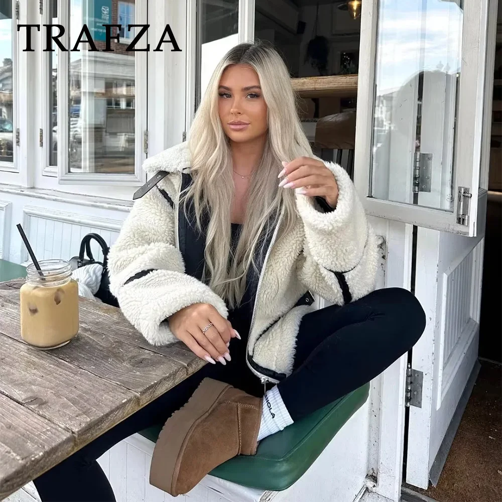 TRAFZA 2023 Women Autumn Winter lambswool Casual Jackets Fashion Streetwear Solid Loose Zippers Demi-season Jacket For Women