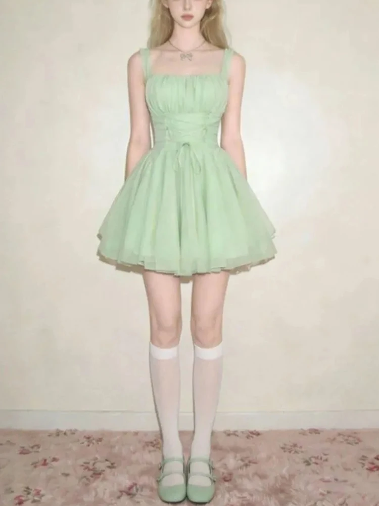Vestido de Tirantes Estilo Sweet Green para Mujer, Verano 2026, Cintura Ajustada, Falda Corta Abullonada, Vestido Retro de Línea A