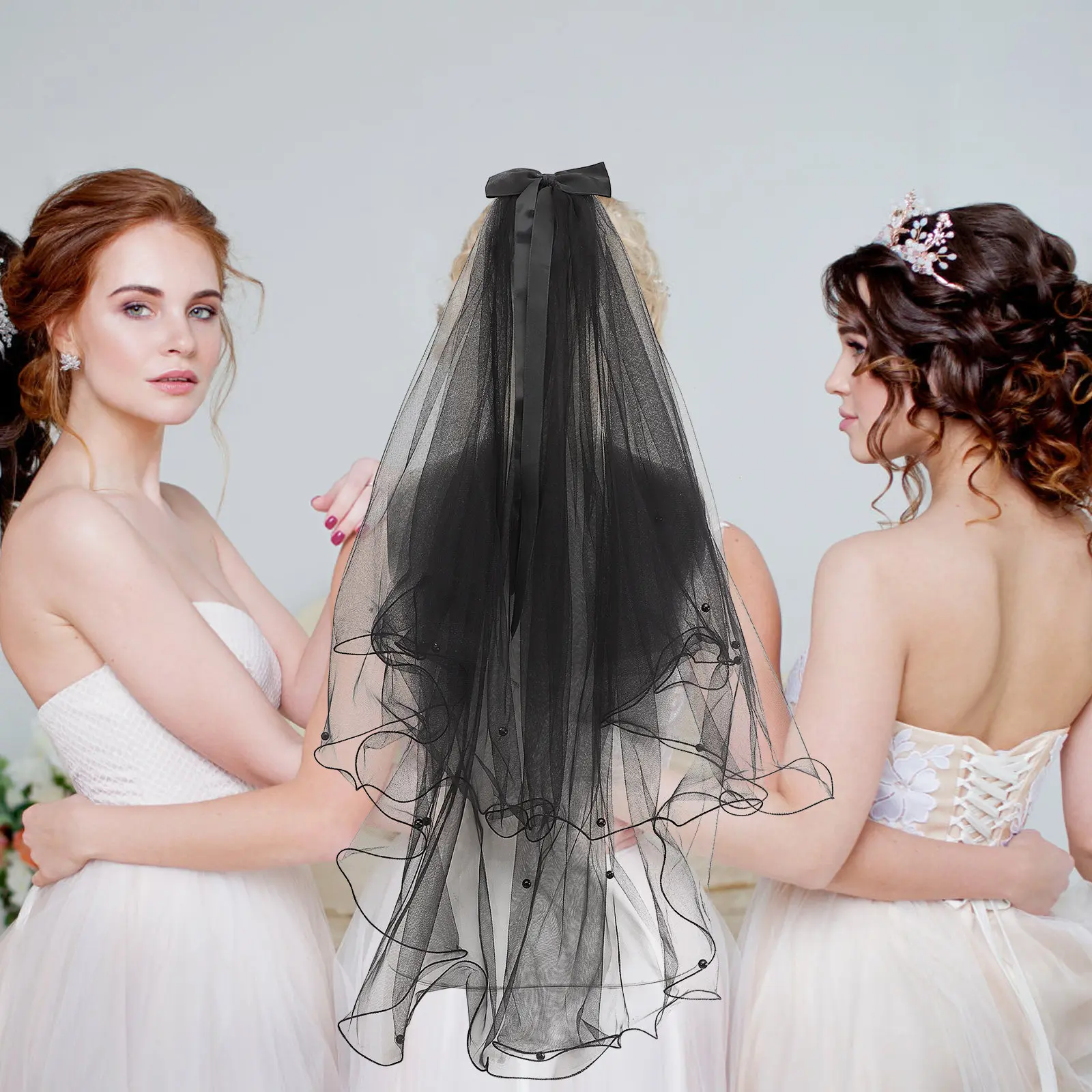 Elegant Bow Veil for Bride – 2pcs Romantic Ribbon Bridal Hair Accessories, Wedding Headpiece & Photo Prop