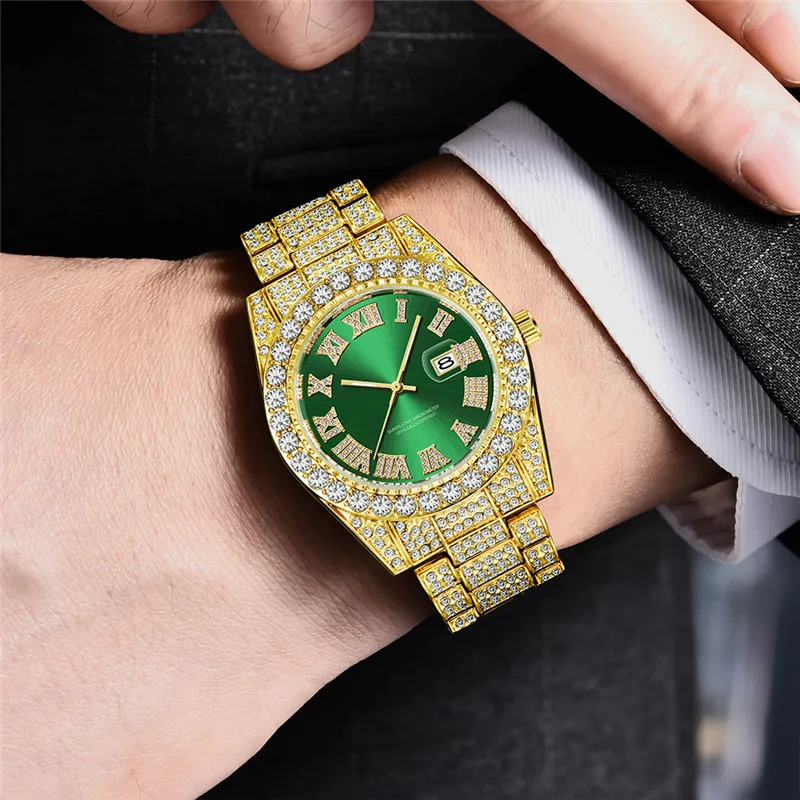 Original Men Brand 3582 Luxury Golden Watches Hip Hop Full Diamond Date Gifts Quartz Wristwatch Montres de Marque de Luxe 2024