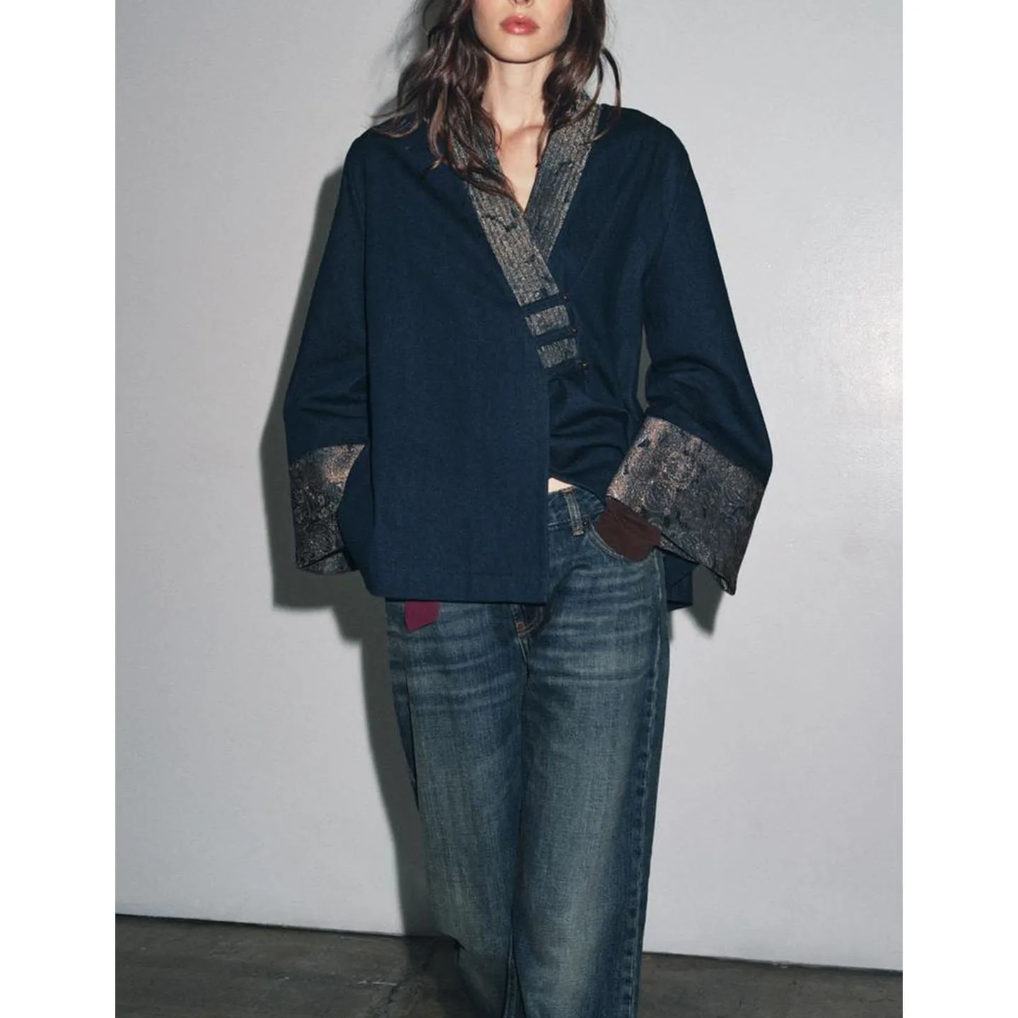 Automne femmes Double boutonnage v-ne couleur Blo Long Sve brodé Denim effet Kimono Sle vêtements d'extérieur décontracté coupe ample