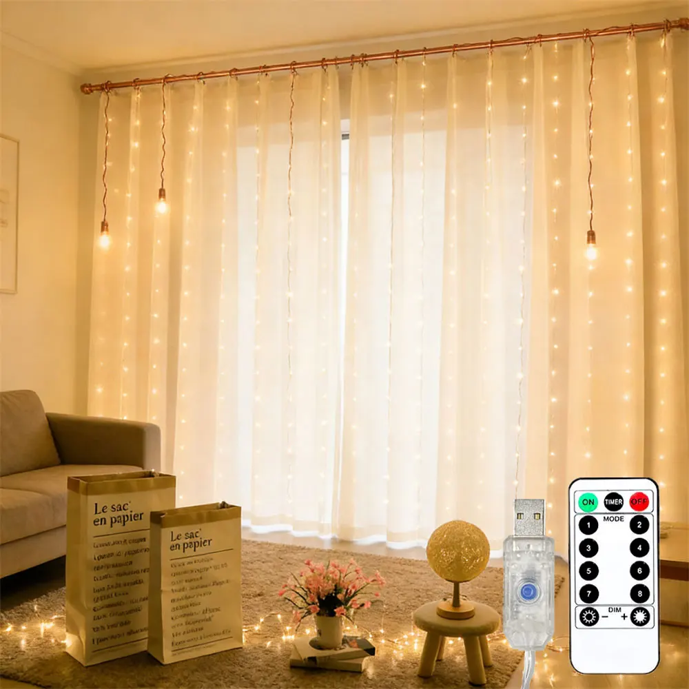 USB Plug-in Festoon Curtain LED String Lights Remote 8 Modes EID Mubarak Bedroom Wedding Outdoor Muslim Ramadan Home Decoration