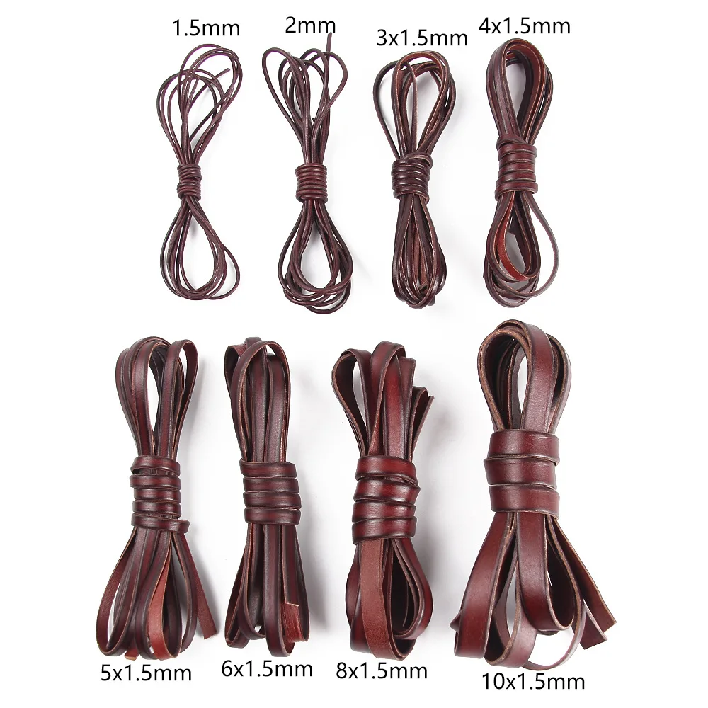 2meters 2 3 4 5 mm Round Genuine Leather Cord Brown Color Flat Leather Rope String Diy Bracelet Necklace Findings Jewelry Making
