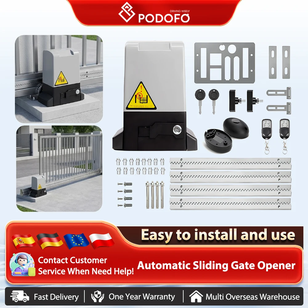 Podofo 370W ouvre-porte coulissant automatique avec télécommande intelligente et moteur de porte coulissante à fermeture automatique, détection par capteurs infrarouges pour les familles, les petites communautés et les entreprises