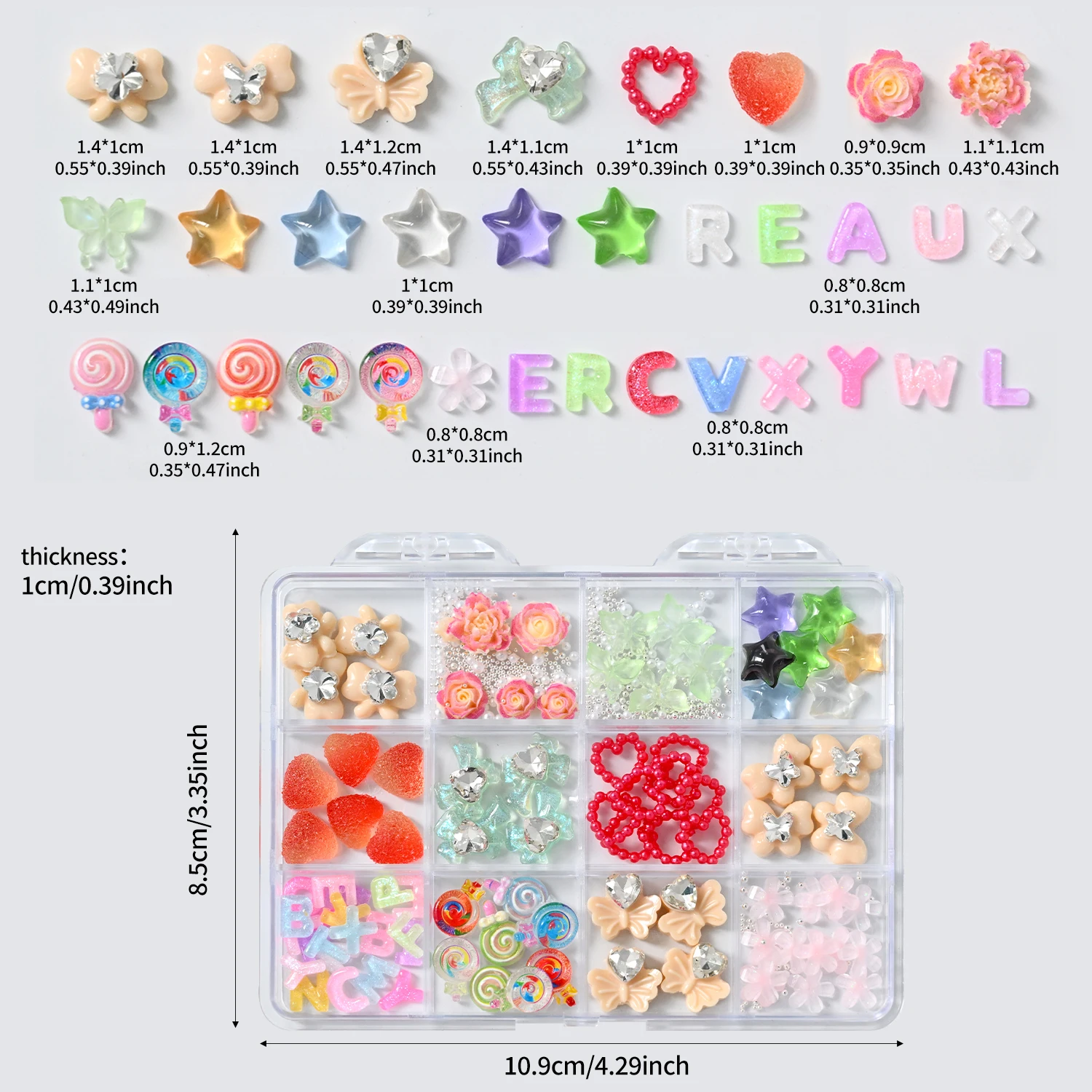 12Grids Christmas 3D Mixed Cartoon Lollipop Alphabet Bow Heart Rose Nail Charms 8-10mm Macaron Sweet Resin DIY Kawaii Nail Parts