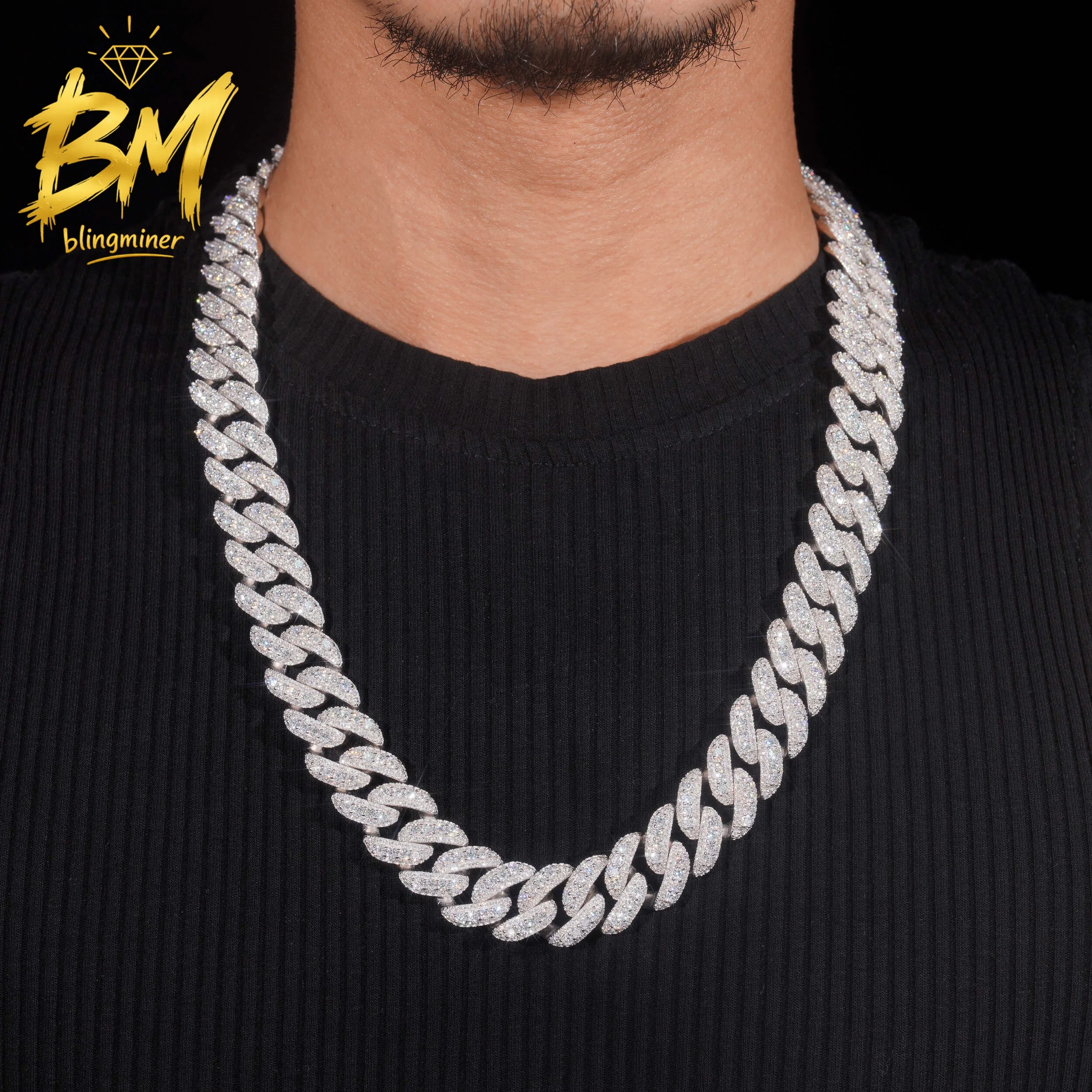 Blingminer 18mm VVS Moissanite Chain Iced Out Necklaces For Men Brass Cuban Chain Pass Diamonds Tester With GRA Free Shipping