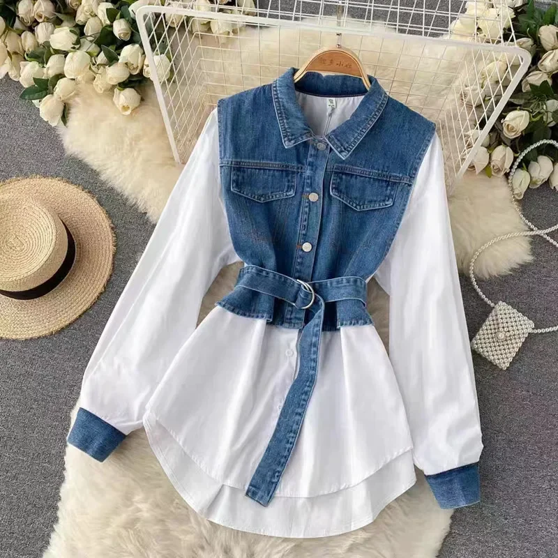 SuperAen Korean Style Denim Fake Two-piece Long-sleeved Shirt Design High Waist Fashion Chic Top Shirts