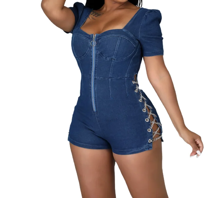 

Spring and Summer Women's Clothing New Fashionable and Sexy Denim Personality Chicken Eye Chain Hollow One-Piece Denim Shorts