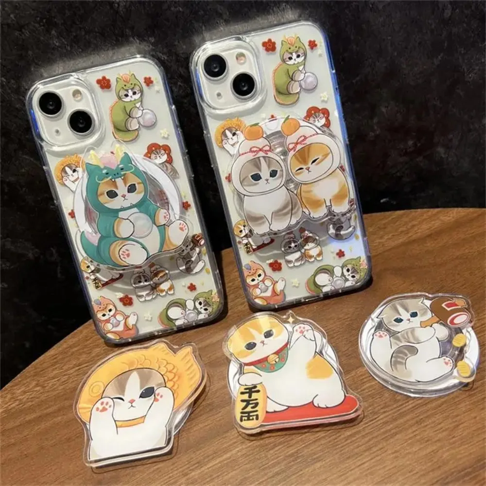 Korea INS Cartoon Cat Magnetic Stand Holder Bracket Mobile Phone Case Cover for IPhone 16 Samsung S25 Magsafe Griptok Grip Tok