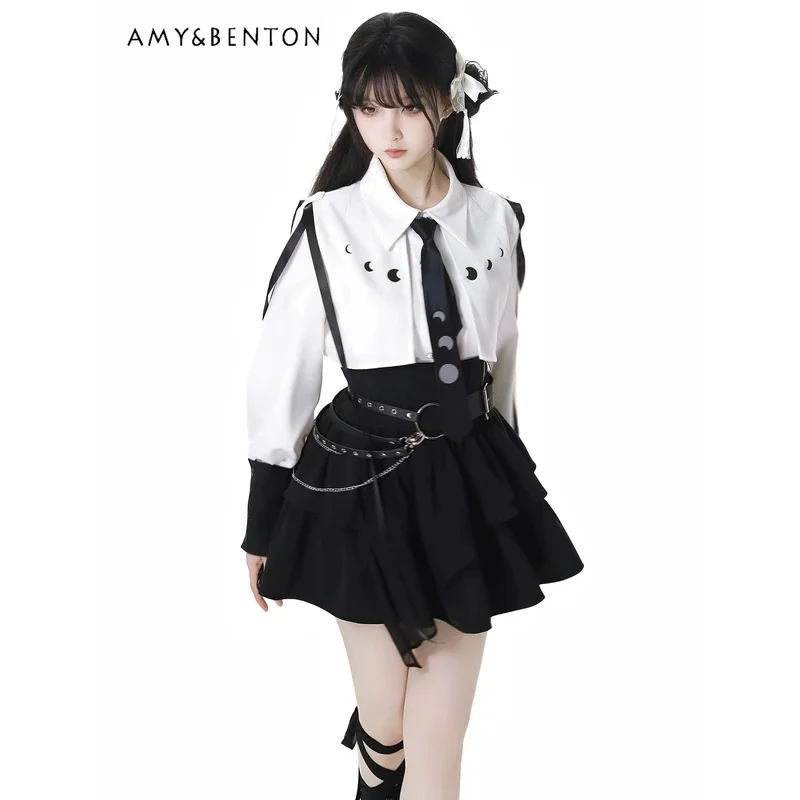 25COSSweet فتاة باردة الصليب الدانتيل يصل قميص سليم الصناعة الثقيلة الرجعية المطبوعة حزام غير النظامية تنورة قطعتين مجموعة النساء ثقافة فرعية