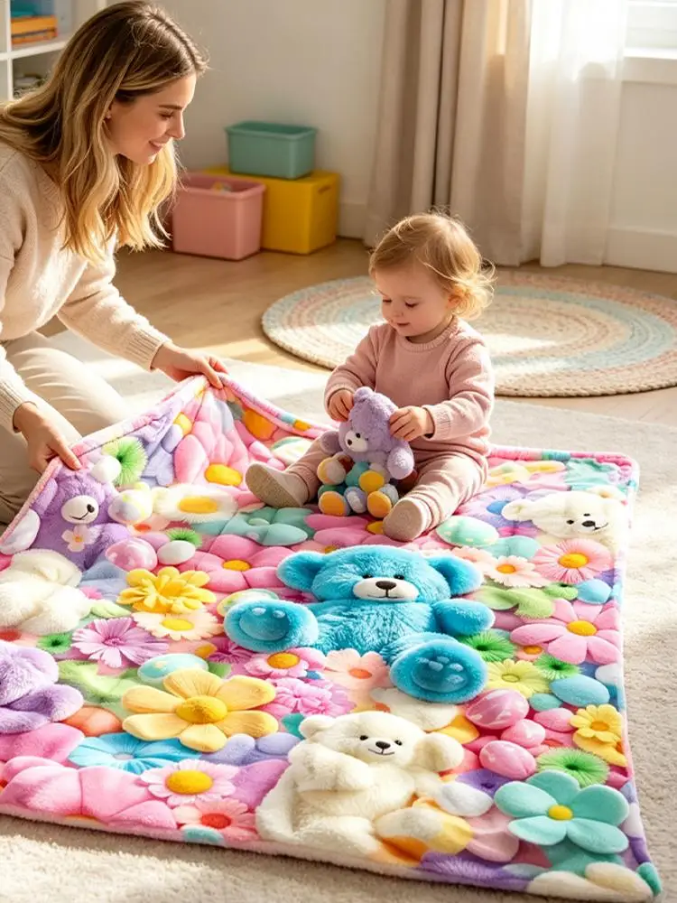 2D Fluffy Teddy Bear Floral Egg Pastel Print Flannel Blanket Soft And Comfortable All-Season Blanket Suitable Travel Blankets