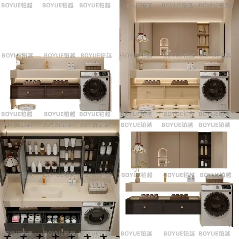 Balcony Washing Machine Cabinet Rock Slab Ceramic Basin Bathroom Vanity Unit with Mirror Storage Simple Modern Design Single