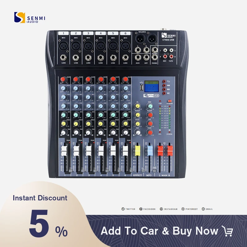 Senmi CT6 Professional Audio Mixer 6 Channel Audio Consolewith MP3 Player+Blue tooth U disk 48V Phantom