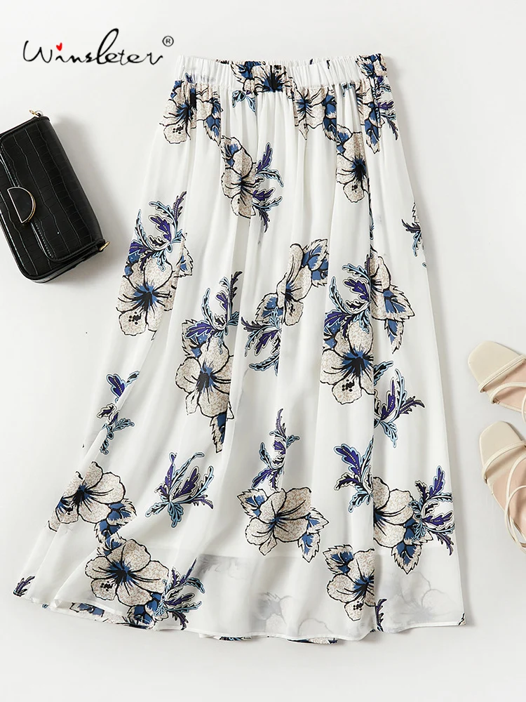 

Winsleter-100%Silk Elegant Skirts, Elastic Waist Floral Printed, Women Beach Vacation A-line Skirt, 2026 Spring Summer B61238CC