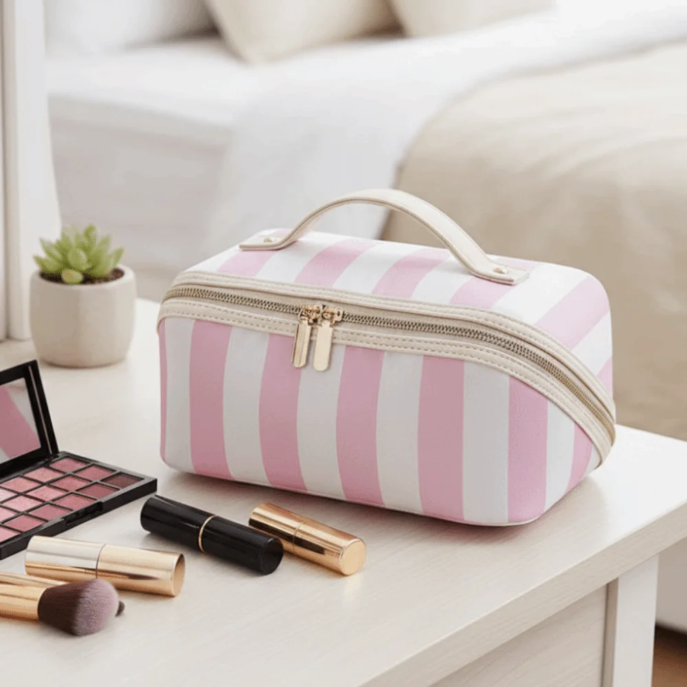 Vintage Women's Cosmetic Bag Zipper Polka Dot/Striped Travel Cosmetic Case Large Capacity Lightweight Striped Makeup Bag