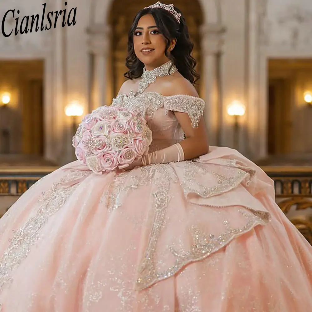 

Розовые платья Quinceanera с открытыми плечами и бантом, бальное платье с аппликацией, кружево с бисером, мексиканский сладкий 16 XV Anos