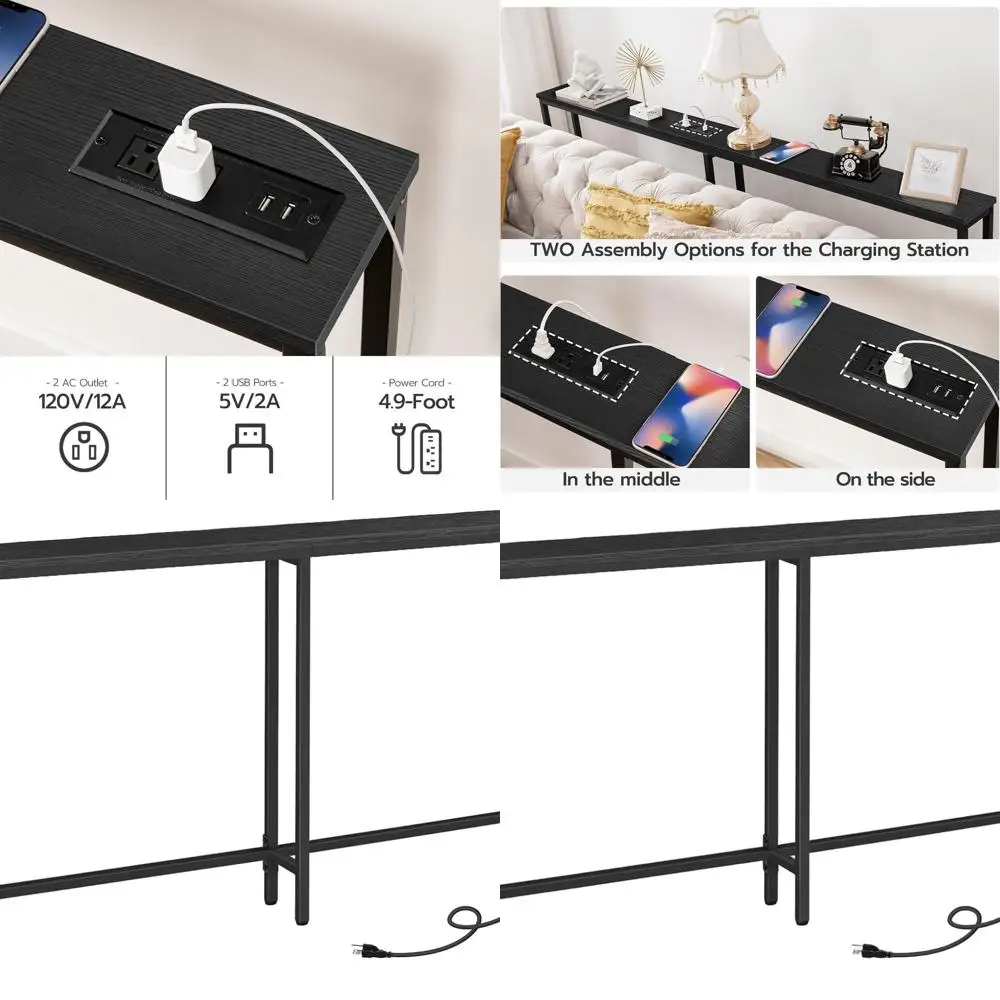 

70.9 Slim Charging Console Table, 5.9 2-Outlet Sofa Table with USB Ports, Black Entryway Table for Living Spaces