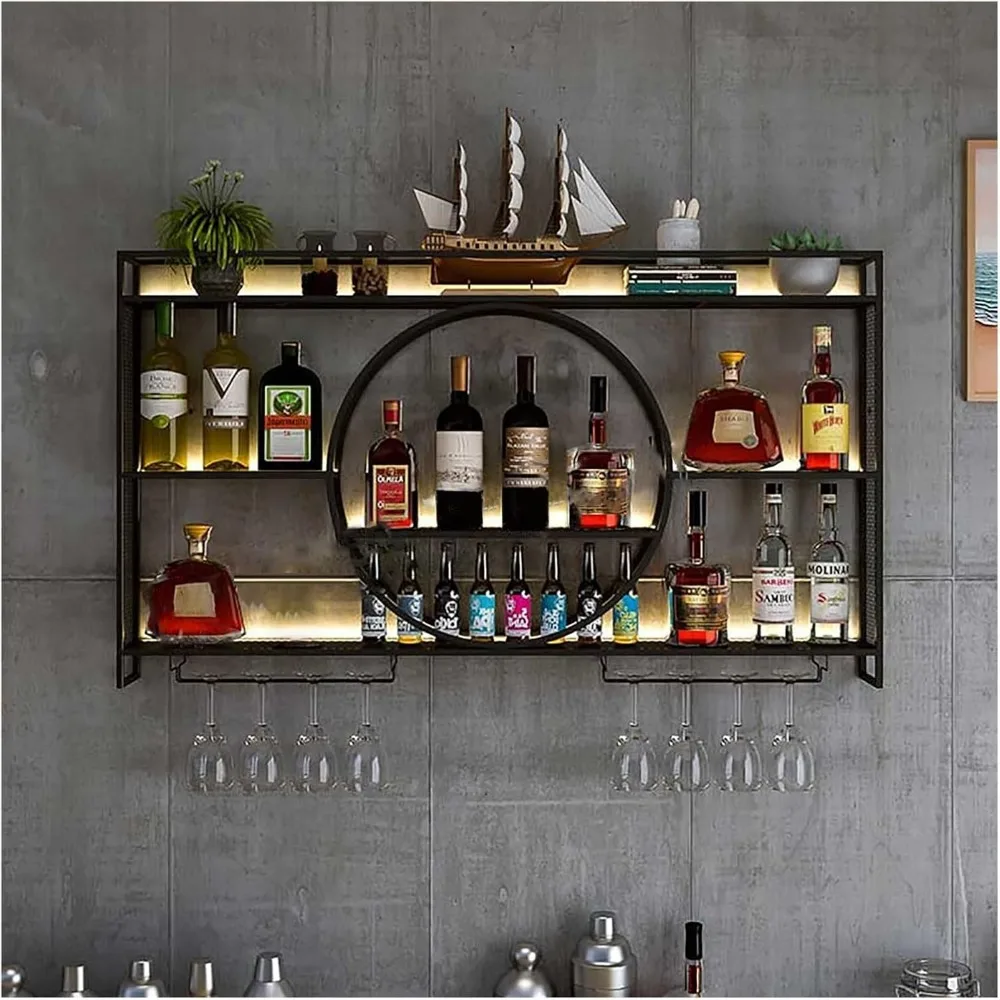 

Wine Rack Wall Mounted 3 Tier Metal, Floating Shelves For Kitchen With LED Light, Hanging Floating Bar Liquor Bottles Bar Wall S