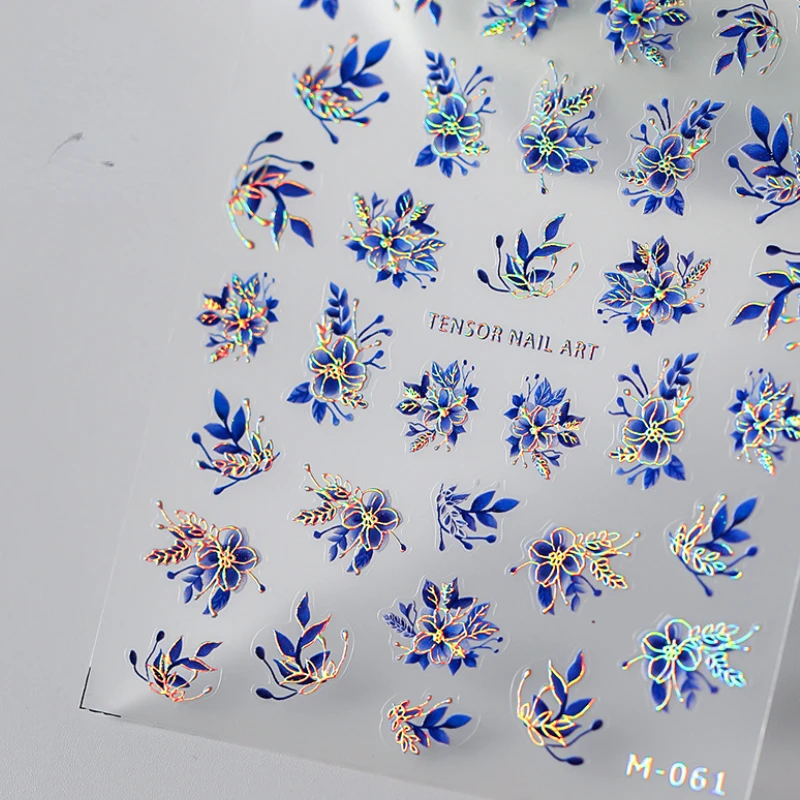 1 piece 5D hot stamping craft nail sticker high quality ink orchid retro blue and black flower vine nail art decoration sticker