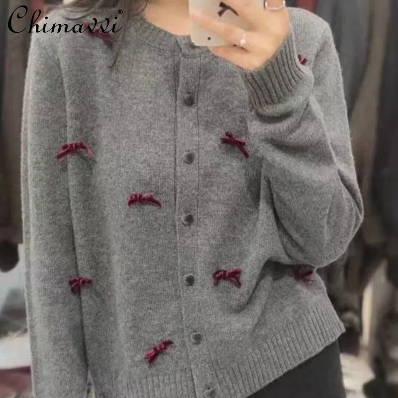 European Station 2024 Autumn New Product Fashion Loose Versatile Casual Bow Thickened Full Wool Cardigan Top For Women