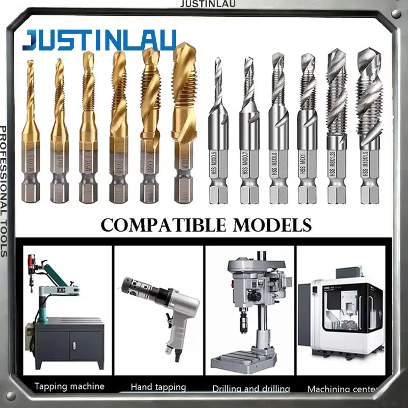 6 Pieces M3-M10 Thread Tap Drill Bits Hss Tap Countersunk Deburring Set High speed Steel 1/4 Inch Quick Change Hexagon